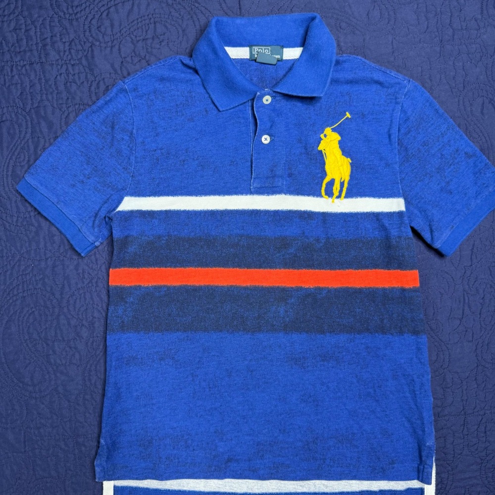 Polo Ralph Lauren Boys Blue Big Pony Striped Polo Shirt Size M 10-12